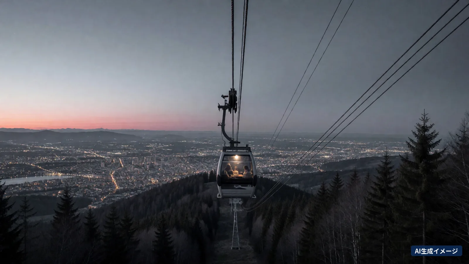 A ropeway gondola climbing a mountain above the evening city lights, with snow-covered conifers (AI-generated image)
