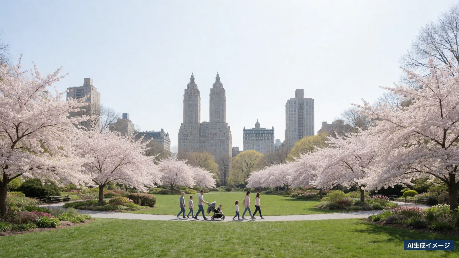 A lawn surrounded by cherry trees in full bloom, with high-rise buildings behind (AI-generated image)