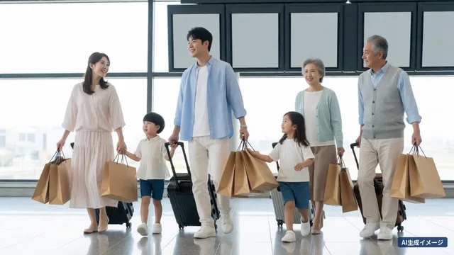 A three-generation family of six walking through a bright departure hall with paper shopping bags (AI-generated image)