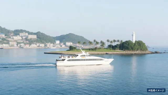Un bateau rapide blanc traverse une baie bleue et calme un matin, vers une île basse et verte avec des palmiers et un phare blanc (image générée par IA)