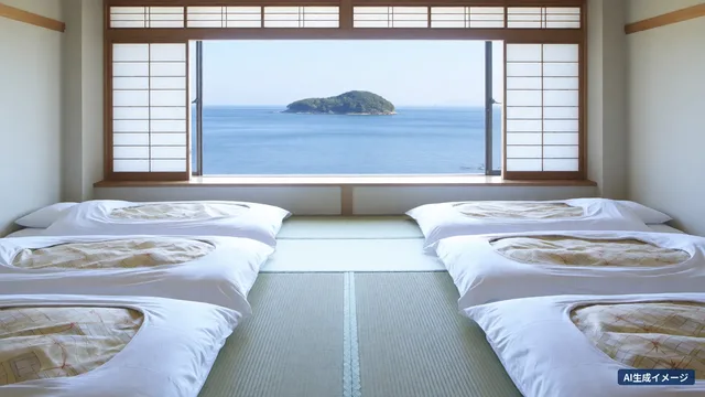 Une chambre en tatami avec 2 rangées de 3 futons et une grande fenêtre au rebord vide, qui donne sur une petite île en mer (image générée par IA)