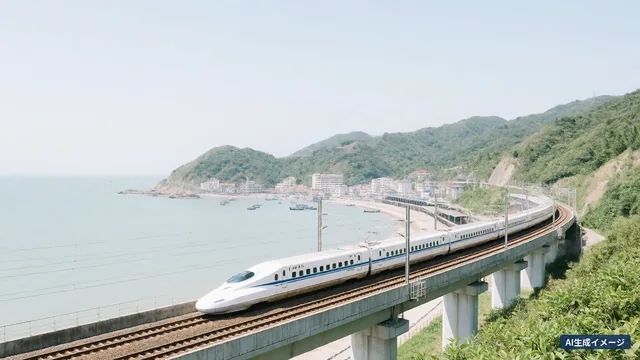 Un Shinkansen blanc roule sur un viaduc le long de la côte, avec une mer calme et des bateaux de pêche à gauche, des collines vertes et une ville côtière au fond (image générée par IA)