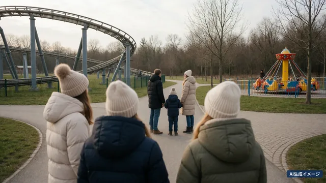 A family in winter coats standing at a fork in the path at a theme park (AI-generated image)