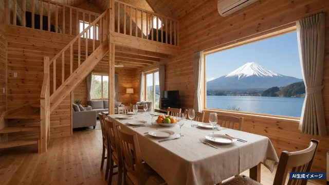 A table set for eight in a whole-house cottage, the lake and Mount Fuji beyond the window (AI-generated image)
