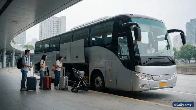Suitcases and a pushchair lined up in front of a highway bus’s underfloor luggage hold (AI-generated image)