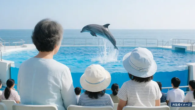 A dolphin leaping at an outdoor show, seen from behind a grandmother and children in the front row (AI-generated image)