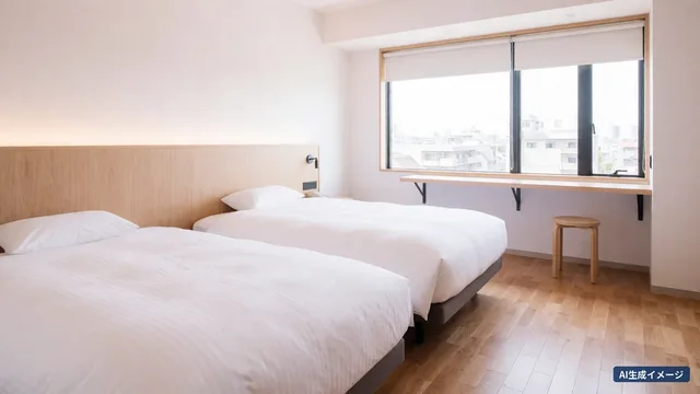A bright Western-style room with a wooden floor and two white beds side by side (AI-generated image)