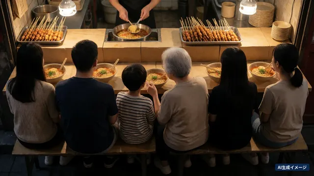 A family of six seen from behind, eating ramen side by side on the bench at a yatai stall counter (AI-generated image)