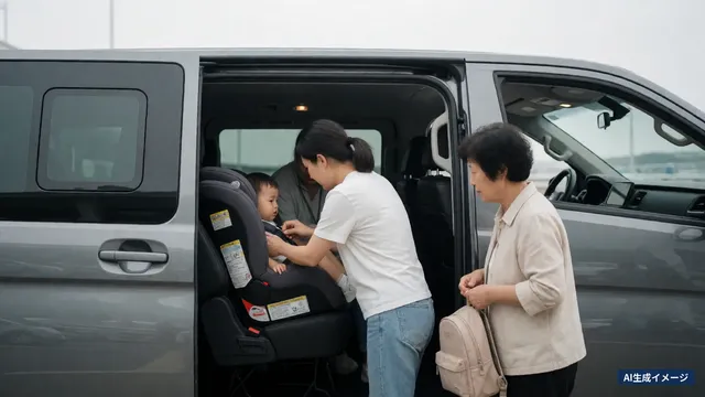 A mother settling a toddler into a child seat in the back of a van, with the grandmother standing beside them (AI-generated image)