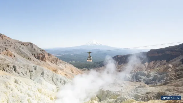 A ropeway crossing above a steaming volcanic valley (AI-generated image)