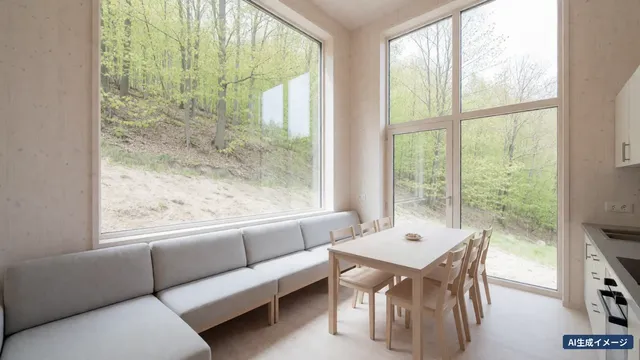 The living room of a villa with large windows facing a wooded slope, an L-shaped sofa and a dining table for six (AI-generated image)