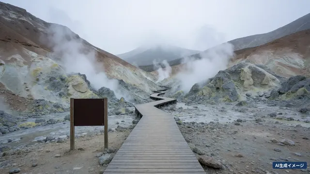 A boardwalk through a volcanic valley with white steam rising (AI-generated image)
