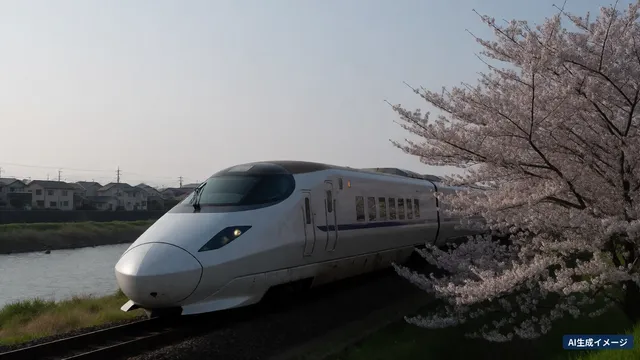 A white limited express train running along a river lined with cherry blossoms (AI-generated image)
