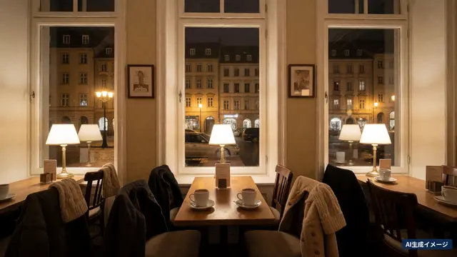 A lit European-style street seen at night through a café window (AI-generated image)