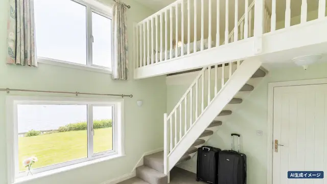 Inside a two-storey cottage with stairs up to a loft bedroom (AI-generated image)