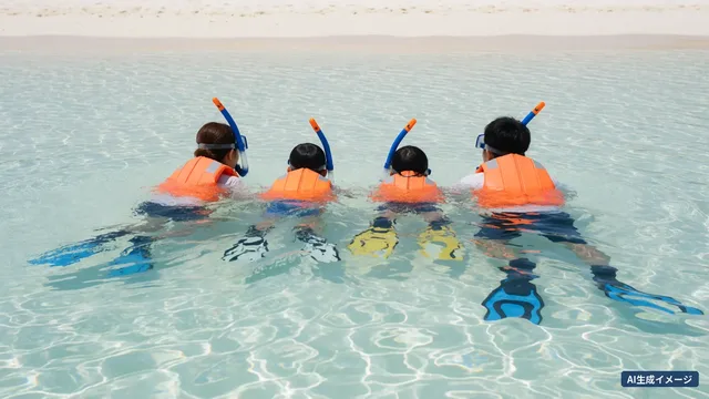 A family of 4 in life jackets and snorkels, seen from behind, swimming in clear shallow sea, with a white sand island behind (AI-generated image)