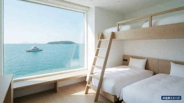 A room with a large window facing the sea, 2 beds and a loft bed reached by a ladder (AI-generated image)