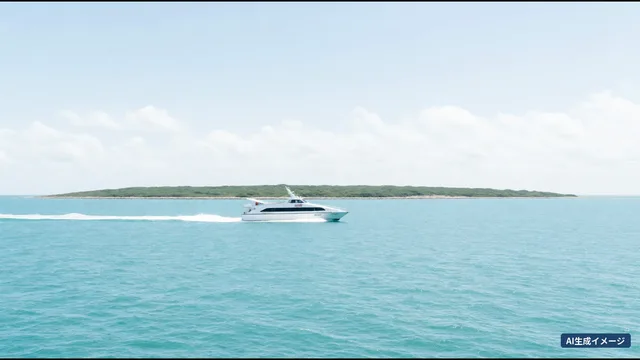 A white high-speed boat running across turquoise sea, leaving a white wake (AI-generated image)