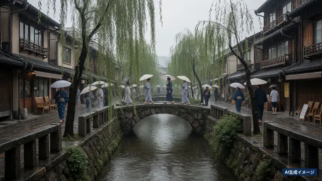 A hot spring town in the rain: a willow-lined river with an arched stone bridge (AI-generated image)