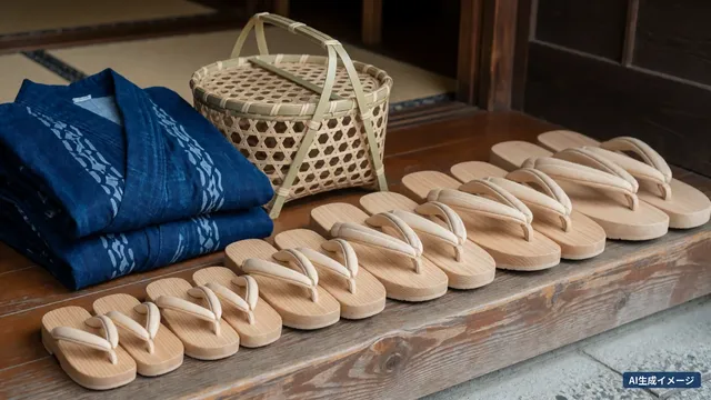 Geta in different sizes lined up at a ryokan entrance, with an indigo yukata and a bamboo basket (AI-generated image)