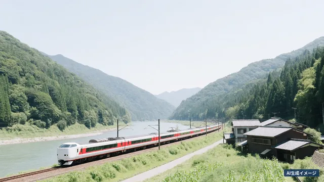 A limited express train running along a river in the mountains (AI-generated image)