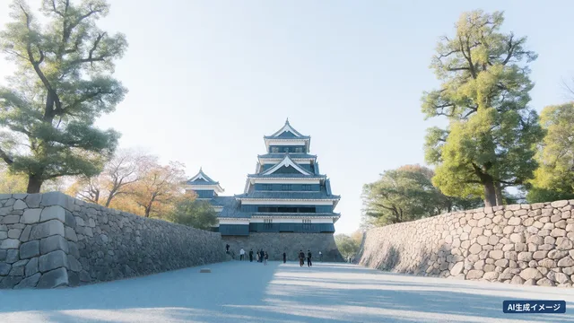 A morning castle with a black-and-white keep rising at the end of a wide path between high stone walls (AI-generated image)