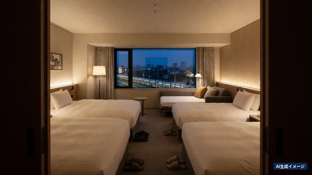 A hotel room at night seen from the entrance, with white beds in pairs on the left and right, city lights and railway tracks outside the window and slippers lined up on the floor (AI-generated image)