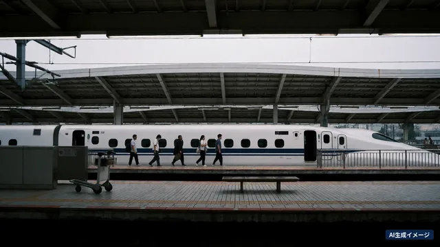A white shinkansen stopped at an elevated platform under a curved roof, with a few passengers walking to the doors and a luggage trolley and bench in front (AI-generated image)