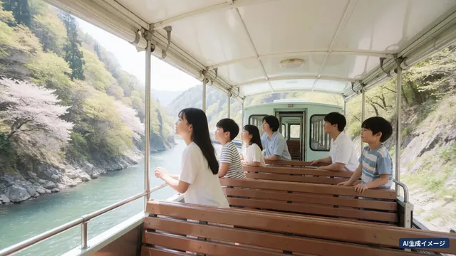 A family looking out from the wooden bench seats of a sightseeing train running through a gorge (AI-generated image)