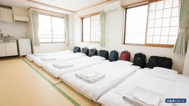 A bright tatami room with futons laid out and travel bags lined up along the wall (AI-generated image)