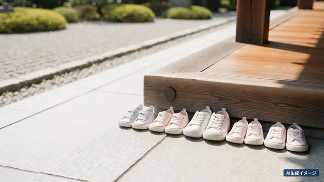 Sneakers of different sizes lined up neatly on the stone paving in front of a temple veranda (AI-generated image)