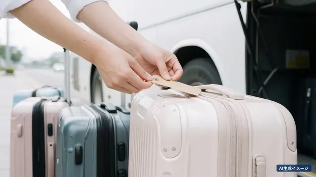 Hands tying a luggage tag to a large suitcase beside an airport bus (AI-generated image)
