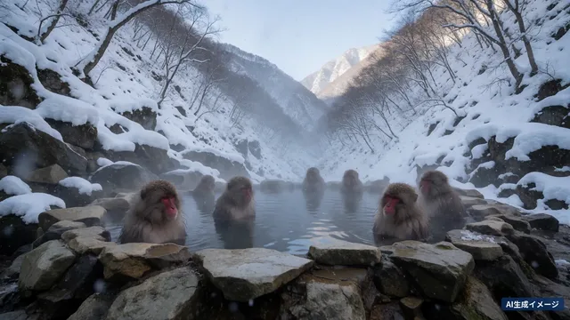 Several red-faced monkeys soak in a steaming rocky hot spring in a snowy valley (AI-generated image)