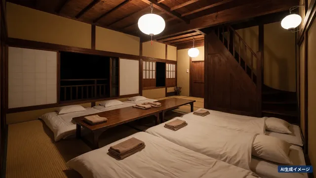 A tatami room at night lit by Japanese paper lanterns, with six white futons laid out, folded towels on a low wooden table and a wooden staircase at the back (AI-generated image)