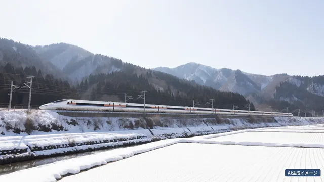 A white shinkansen runs at the foot of a cedar-covered mountain, beyond snow-covered rice fields and a stream (AI-generated image)