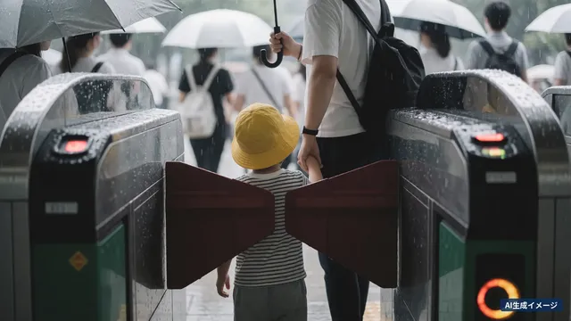 A small child in a yellow hat holding a parent's hand passing through a station ticket gate (AI-generated image)