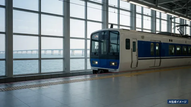 A white and blue express train with a square front at a glass-walled airport station platform (AI-generated image)