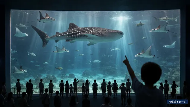 Des visiteurs devant un immense bassin où nage un requin-baleine (image générée par IA)