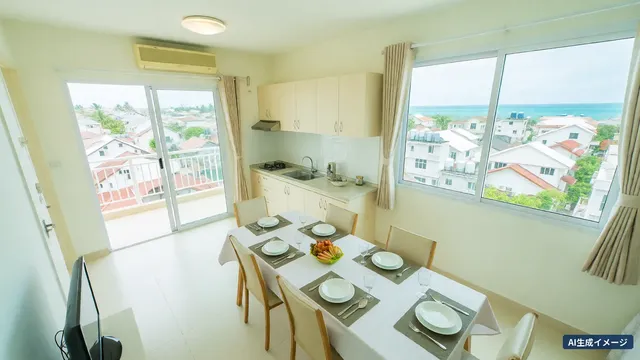 Une chambre lumineuse avec une longue table pour six et une petite cuisine (image générée par IA)