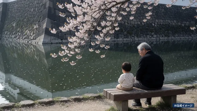 A grandfather and a small child sit side by side on a bench by a castle moat under drooping cherry branches, with a large stone wall behind (AI-generated image)