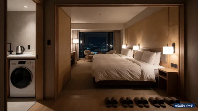 A hotel room at night with 2 large beds and city lights outside the window. Slippers lined up in front, a small kitchen and washing machine on the left (AI-generated image)