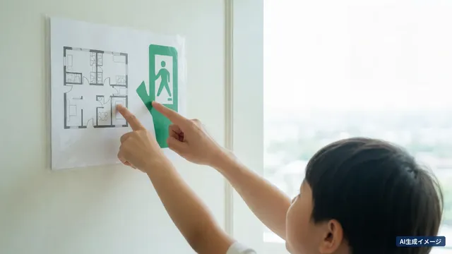 A child and an adult point at a floor plan and a green emergency-exit sign on a room wall (AI-generated image)