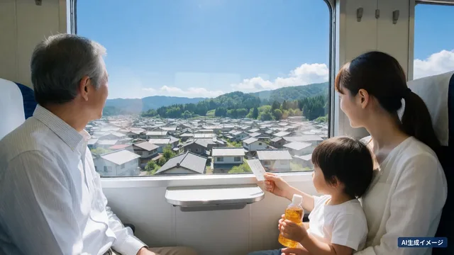 Low-roofed houses and green hills outside a train window on a sunny day. A grandfather, a mother and a small child look out from the window (AI-generated image)