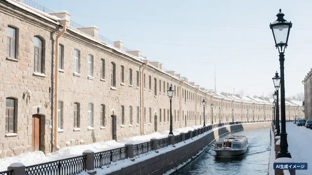 A snowy canal lined with old warehouses and a small sightseeing boat (AI-generated image)