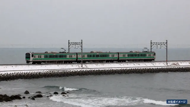A silver train running along a snowy coastline (AI-generated image)