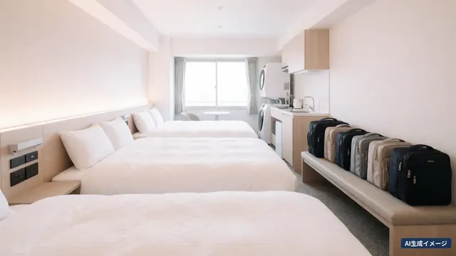 A bright room with three double beds and a kitchen with a washer-dryer (AI-generated image)