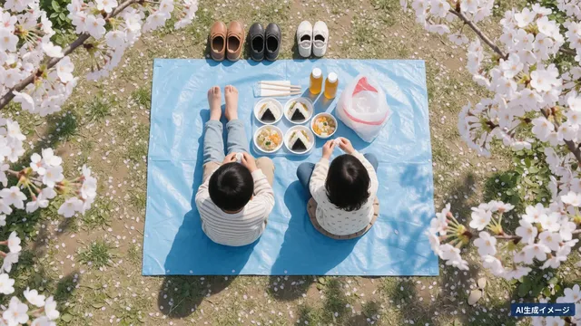 Two children with their shoes off eating a packed lunch on a blue picnic sheet under cherry blossoms (AI-generated image)